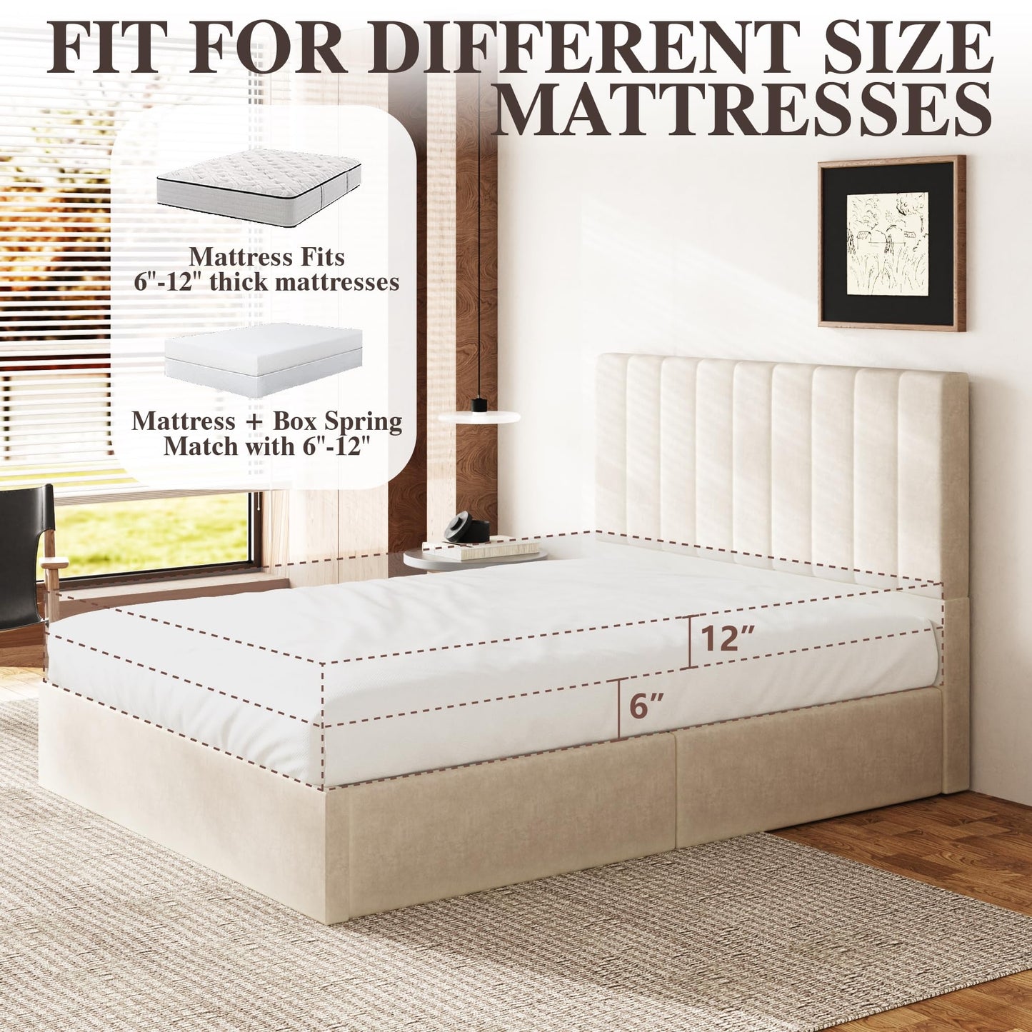Sismplly Queen Size Cloud Bed Frame with 47" Tall Headboard, Velvet Upholstered Platform Bed with Thickened Sides & Footboard, Modern Floor-Standing Design, No Box Spring Needed, Easy Assembly, Beige