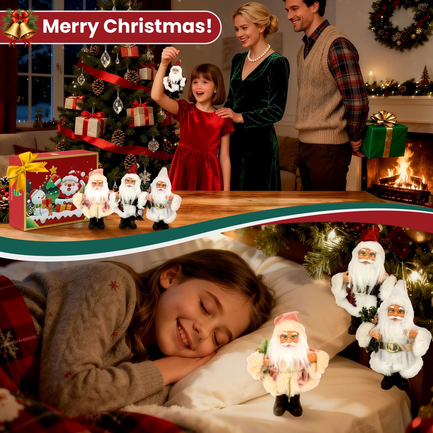 YBWM Santa Claus Figurines, Standing Santa Claus Decorations, Suitable for Christmas Trees, Fireplaces, Tabletop Decor, Window Display,3P