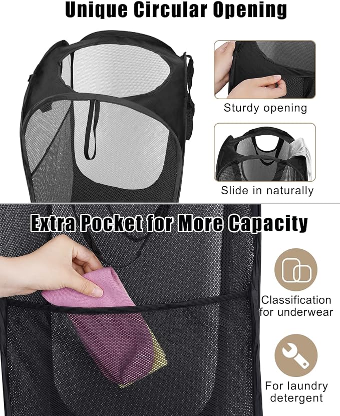 2 Pcs Strong Mesh Pop up Laundry Hamper,House Again Collapsible Laundry Basket with Durable Handles Solid Bottom High Carbon Steel Frame, Space-Saving, Easy to Open and Fold Flat for Storage(Black)