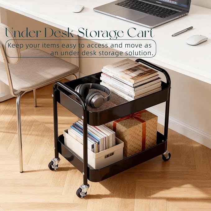 2 Pack Pantry Cart 2 Tier Small Rolling Cart with Wheels for Under Desk Storage, Short Rolling Utility Cart Large Basket Metal Kitchen Shelf with Mesh Laundry Room Organizer Side Table, Black