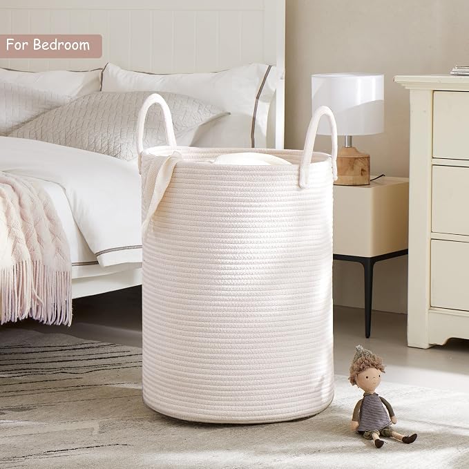 80L Extra Large White Hamper Tall Woven Laundry Basket Cotton Rope Blanket Basket for Living Room Clothes Hamper in Bedroom 16"L x 16"W x 22"H
