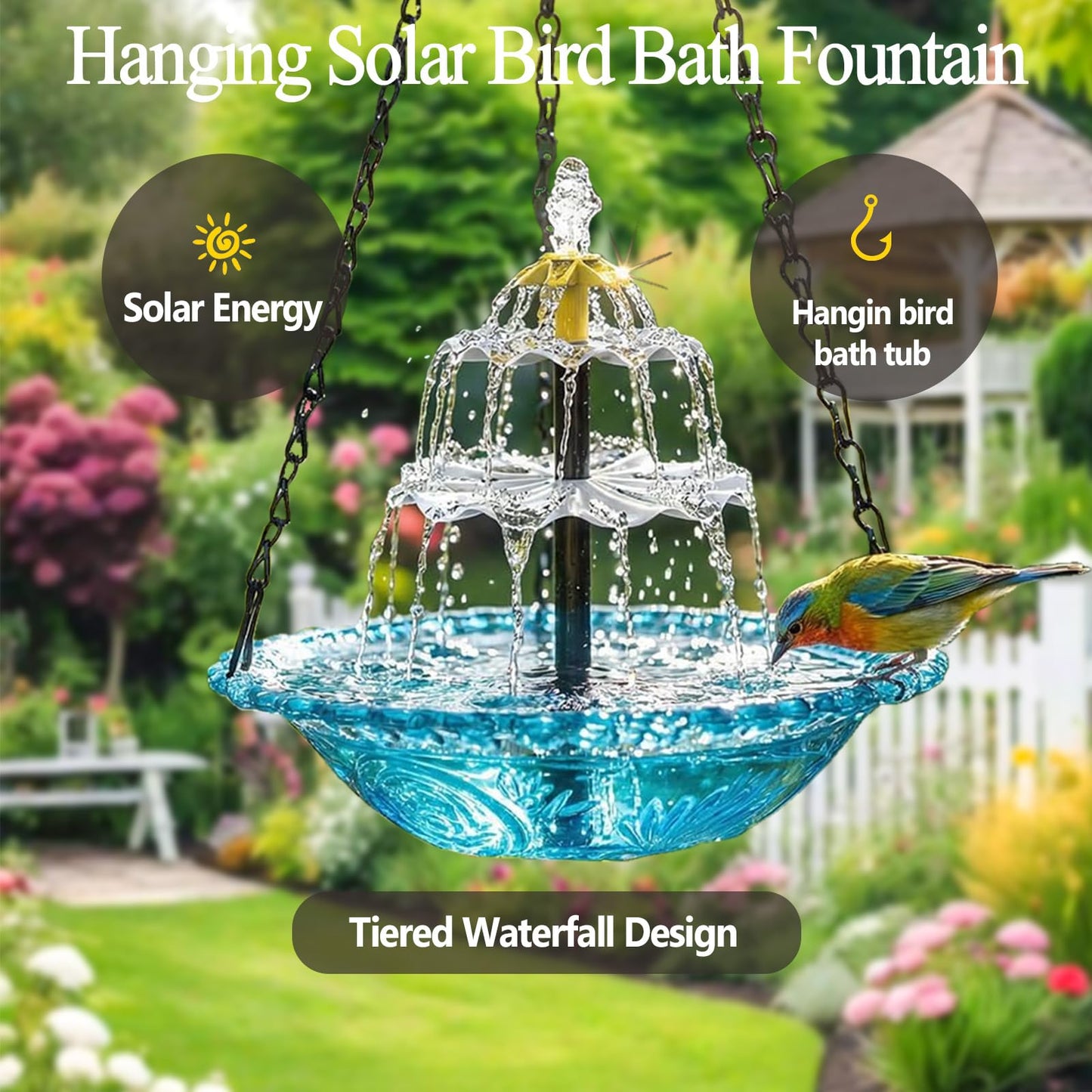 Hanging Solar Bird Bath Fountain, 2026 New Solar Powered Cascading Outdoor Water Fountain, Large Humming Birds Baths Fountains for Outdoors Garden Patio Backyard Lawn Decor
