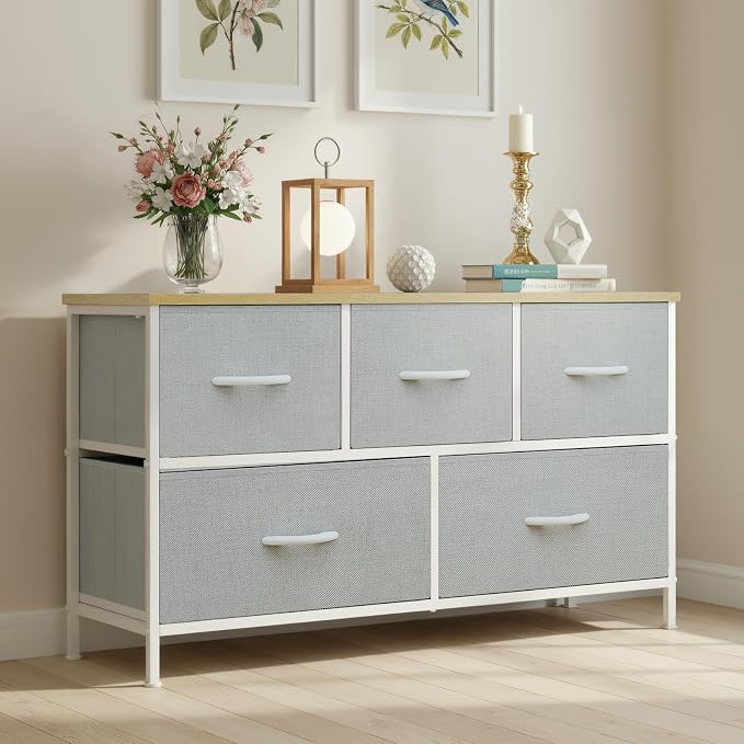 OLIXIS Dresser for Bedroom with 5 Drawers, Wide Chest of Drawers, Fabric Bedroom Dresser with Drawer Organizer, Storage Organizer Unit with Fabric Bins for Closet, Living Room, Hallway, Light Grey