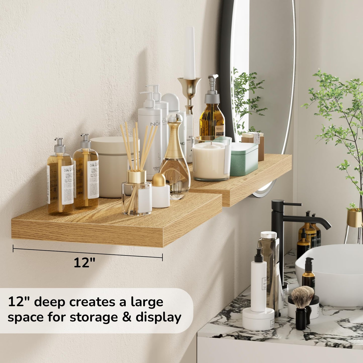 Fun Memories Floating Shelves - 2 Pack 12 Inch Rustic Wooden Wall Shelves - Extra Deeper & Thicker Wall Mounted Storage Shelf for Living Room, Kitchen, Farmhouse - 16" W x 12" D x 1.5" H - Oak