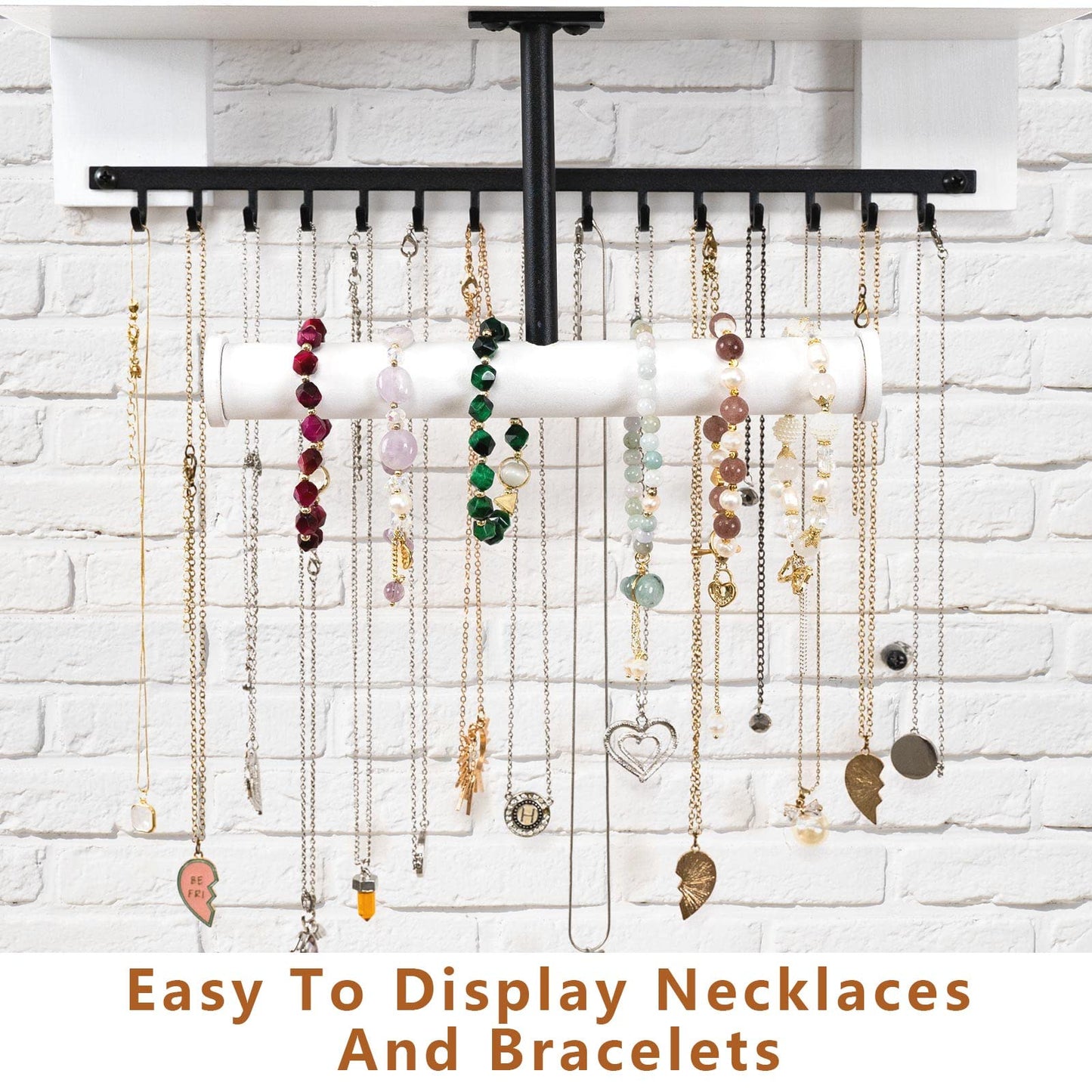 Pinzoveco Hanging Jewelry Organizer Wall Mounted With Wall Jewelry Organizer Holder For Necklaces Bracelet Earrings Ring (White)