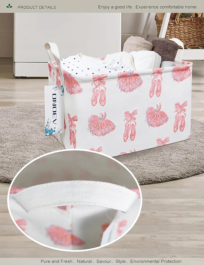 Rectangular Folding Laundry Basket,waterproof Canvas Basket,Gift Basket,Suitable for Children's Room,Office,Clothes,Toys Storage(Pink lace dance shoes)