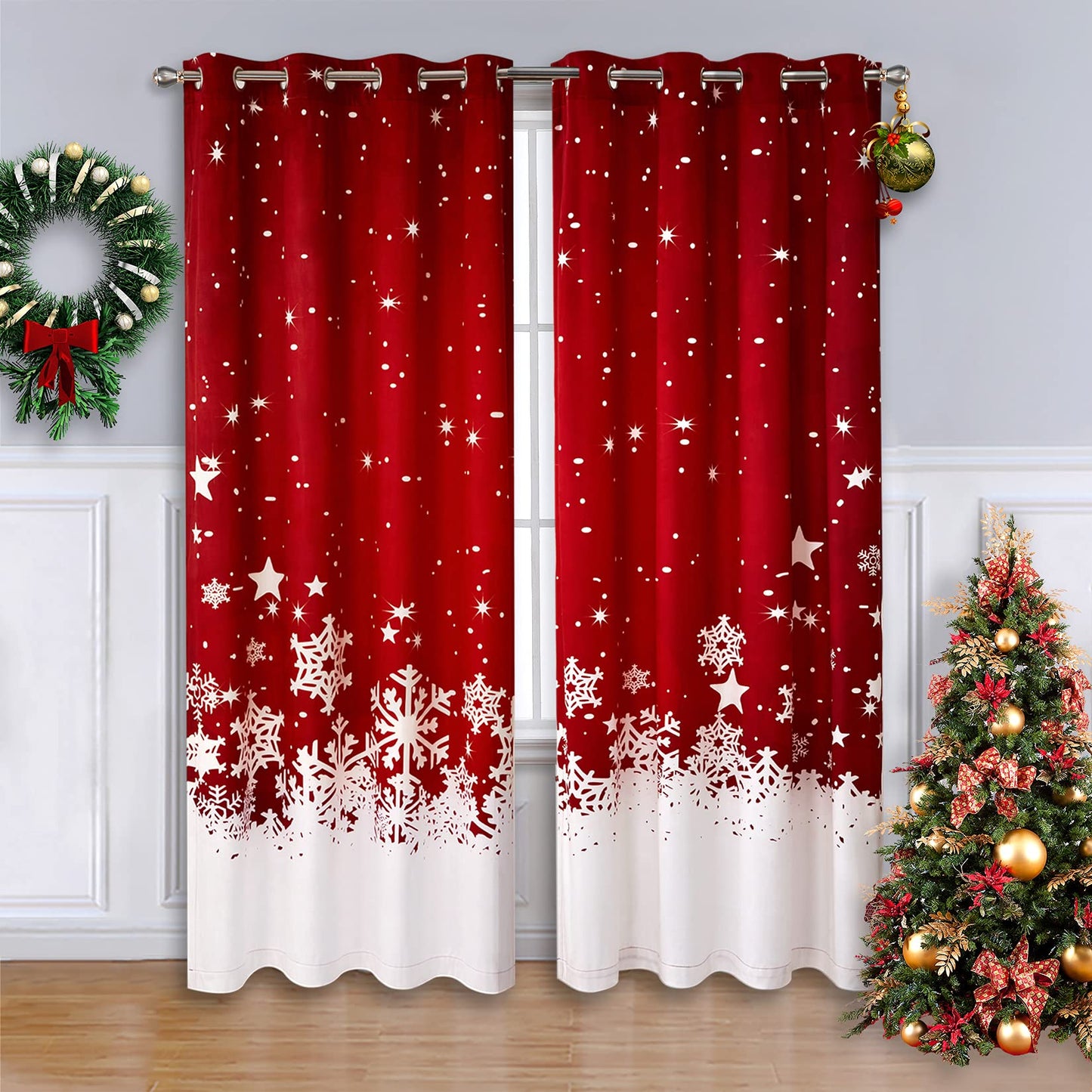 CAROMIO Christmas Curtains for Living Room 2 Panel Sets, Red Velvet Window Curtains 84 Inches Long, Floral Snowflake Decoration Curtain, Thermal Insulated Room Darkening Curtain, 52 x 84 Inches