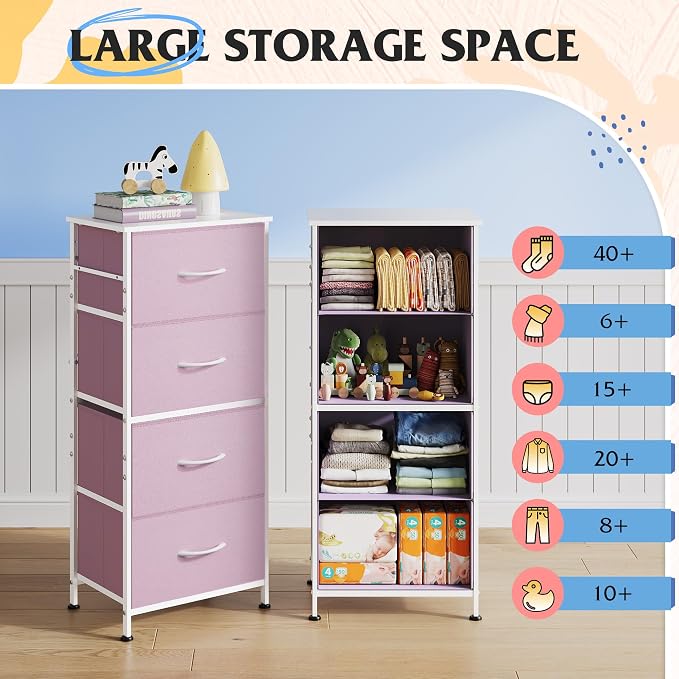 WLIVE Dresser with 4 Drawers, Storage Tower, Organizer Unit, Fabric Dresser for Bedroom, Hallway, Entryway, Closets, Sturdy Steel Frame, Wood Top, Easy Pull Handle,A-Pink