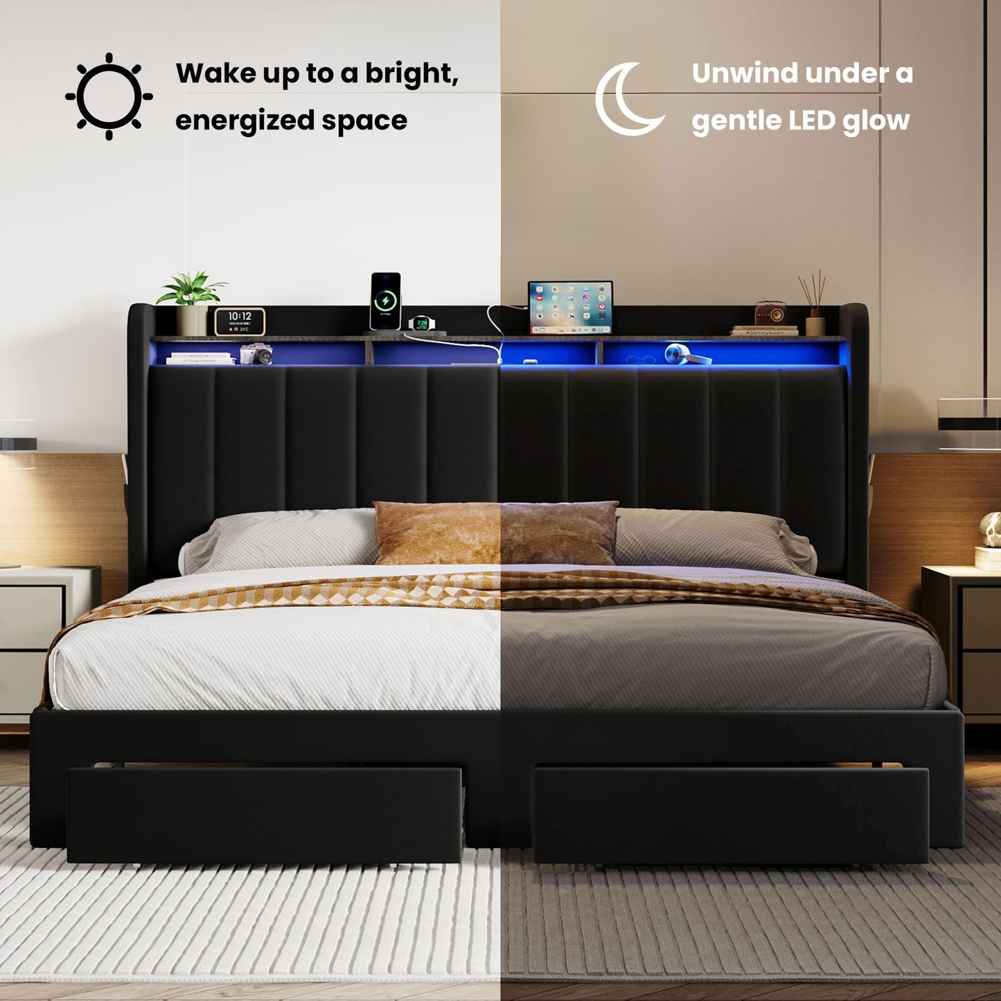 SHA CERLIN Velvet King Size Bed Frame with Vertical Channel Tufted Wingback Headboard & 2 Storage Drawers/2-Tier Shelves with LED Lights & Charging Station/Noise-Free/No Box Spring Needed/Black