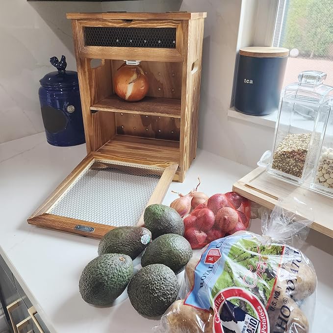 Ikee Design Free Assemble Wooden Countertop Potato and Onion Storage Bin Box,Countertop Cabinet, Wooden Bread Boxes, Potato Storage, Coffee Station, 11.8W x 6.8D x 16H in, Rustic Color