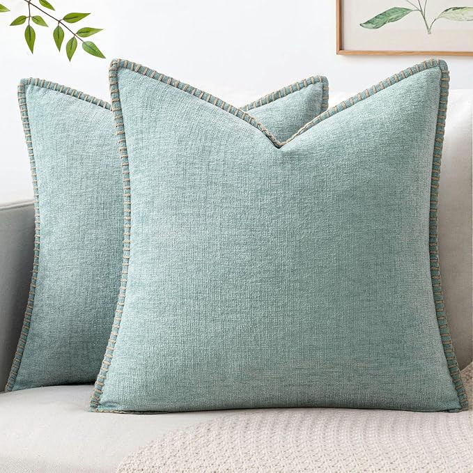 MIULEE Pack of 2 Summer Throw Pillow Covers 20x20 Inch Coastal Light Blue Farmhouse Cottage Decorative Pillow Covers Stitched Edge Soft Chenille Pillow Covers for Couch Sofa Bed Living Room,Aqua Haze