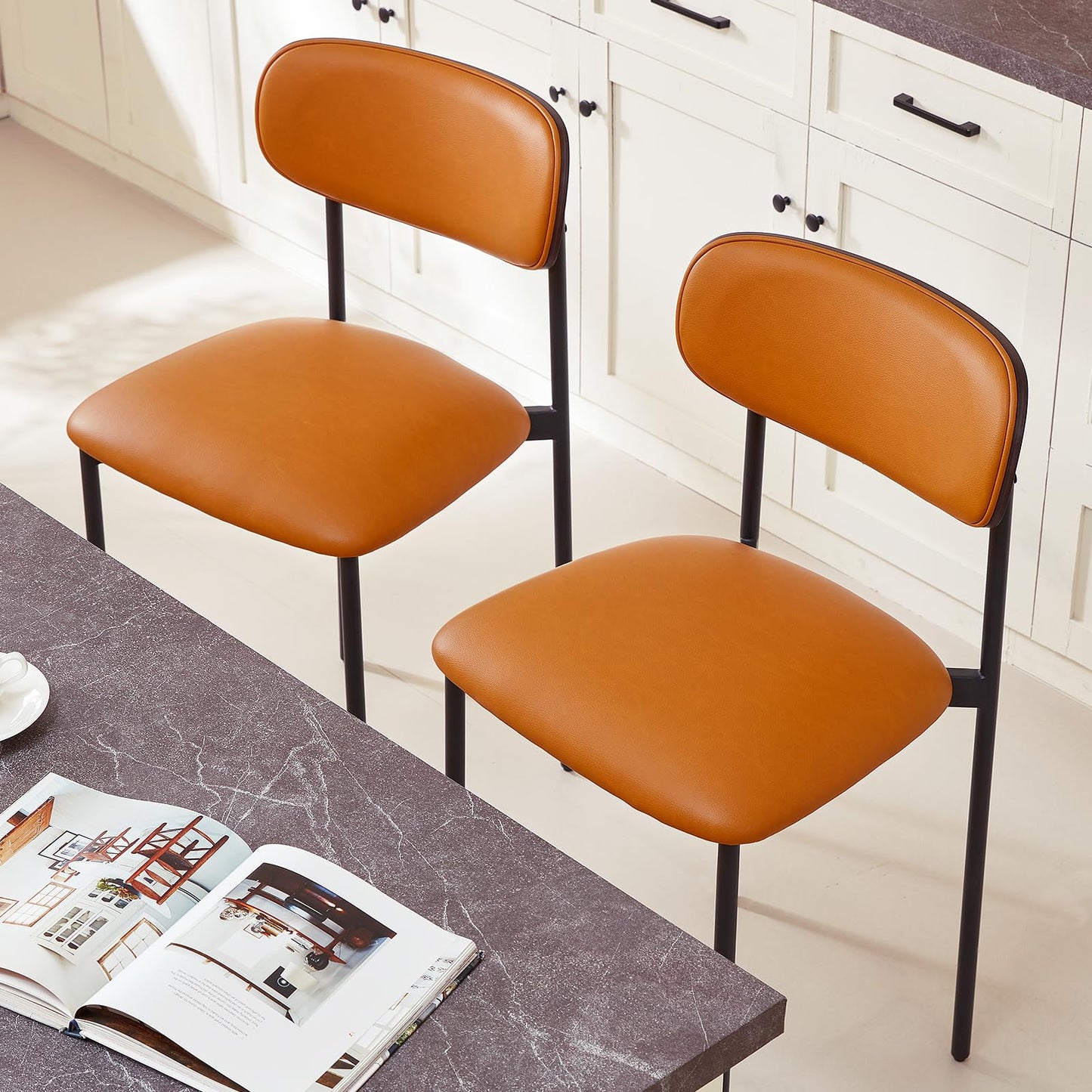 GrandNoor Modern Bar Stools Set of 2, 24 Inch Upholstered Brown Faux Leather Counter Height Stools with Curved Backrest & Metal Legs, Wood Grain Back Bar Chairs for Kitchen Island