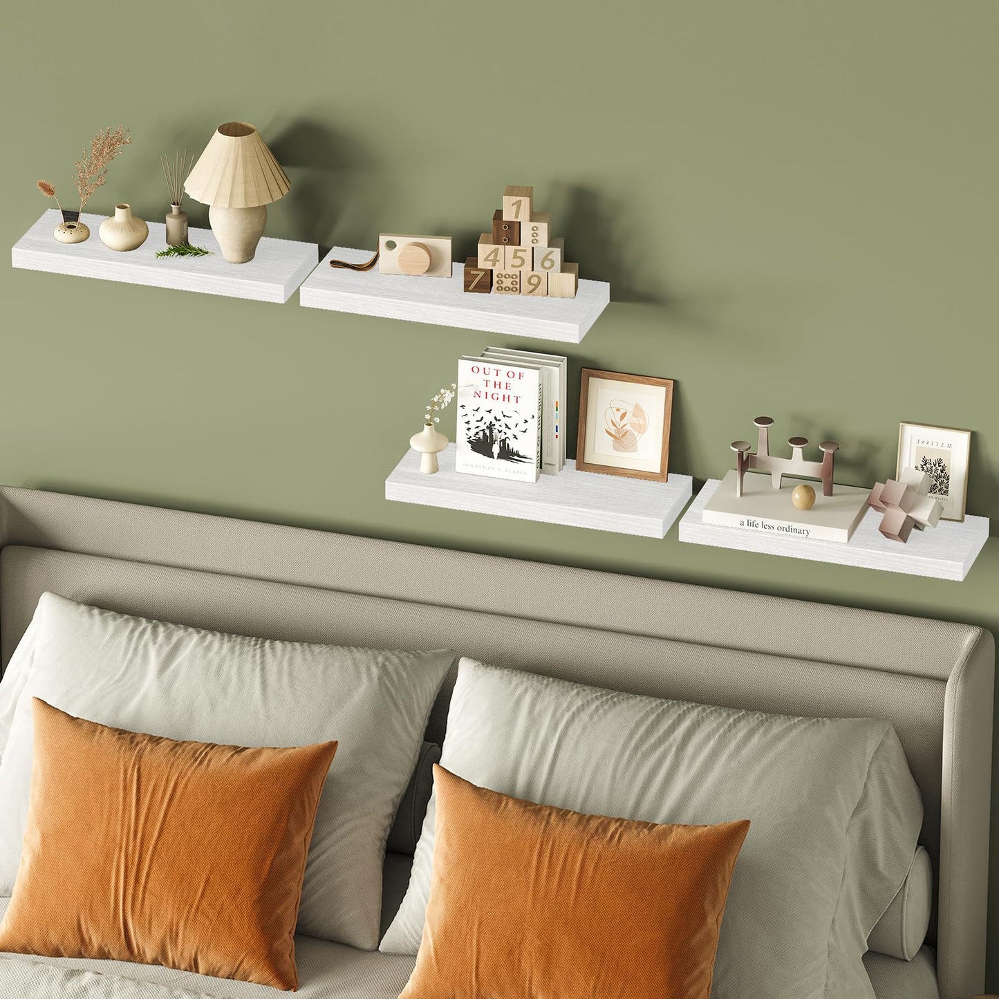 Fixwal White Shelves for Wall, 15.8in Rustic Wood Finish Floating Wall Shelves Set of 4, Shelves for Wall Decor, with Invisible Brackets for Bathroom, Living Room,Bedroom and Kitchen