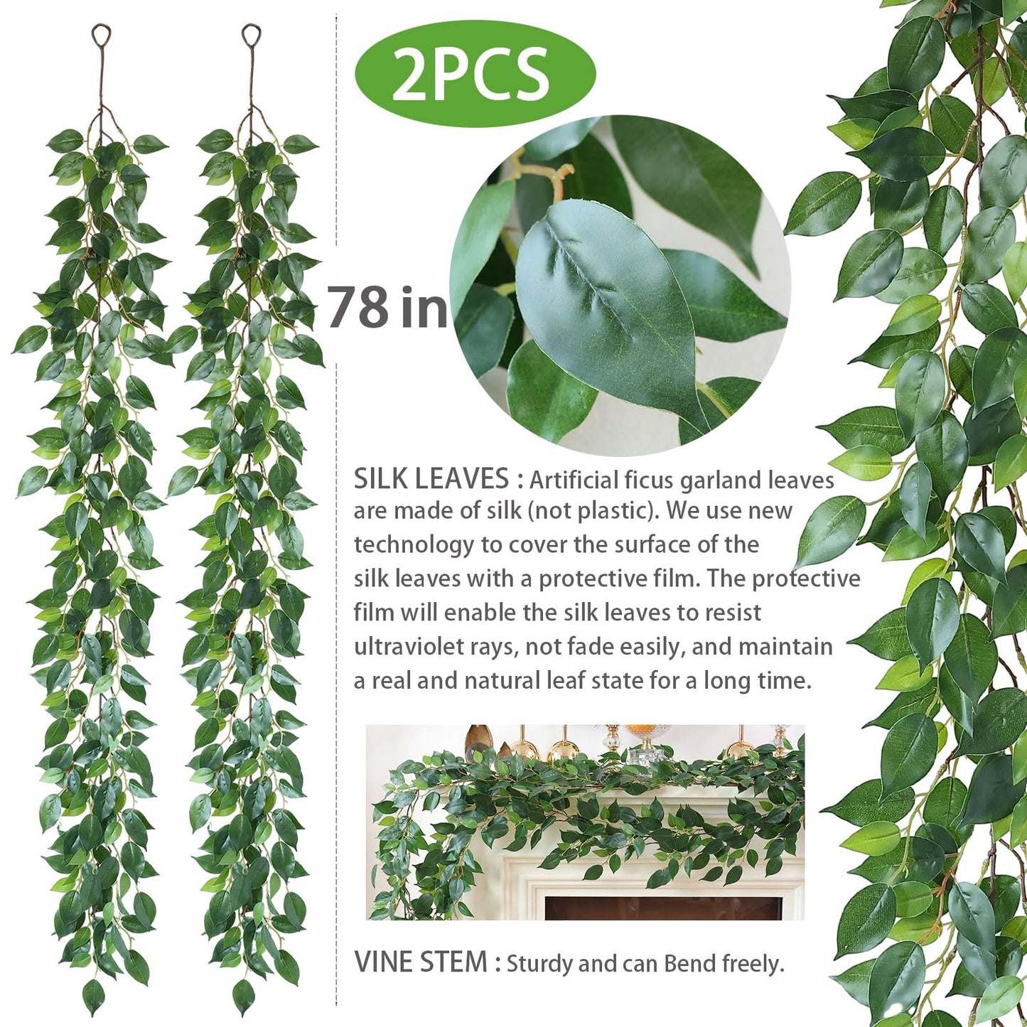 Mizii 2 Strands Artificial Vines Ficus Garland 78" Fake Vine with Silk Green Leaves Faux Hanging Plants Greenery Decorations for Bedroom Table Centerpieces Wall Party Wedding Room Decor (Ficus)