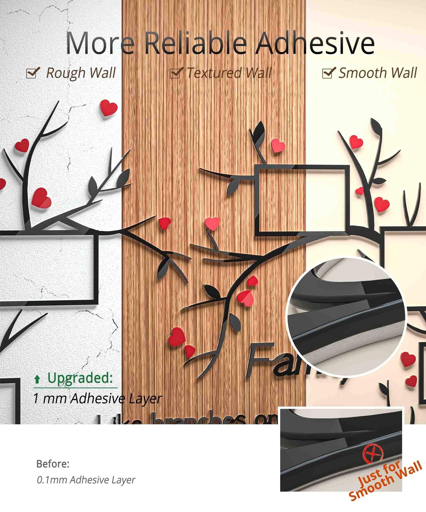 DecorSmart Love Family Tree Wall Decor Picture Frame Collage Removable 3D DIY Acrylic Wall Stickers for Living Room with Red Heart and Quote Family Like Branches on a Tree