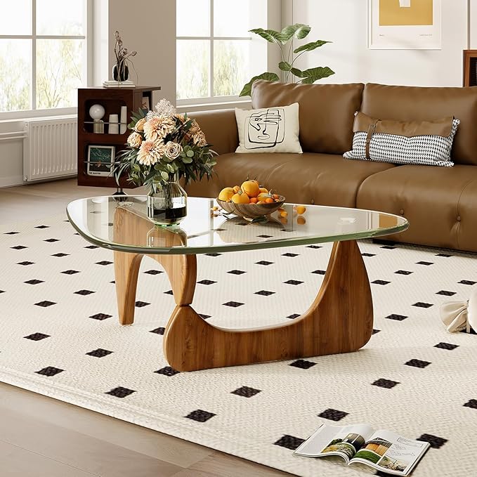 Coffee Table for Living Room Mid Century Modern Center Table with Glass Top and Wood,36 Inch, Transparent/Walnut