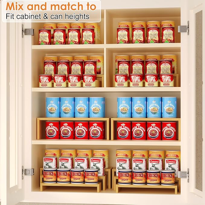 2 Sets Bamboo Can Organizer for Pantry, 3-Tier 6-Piece Adjustable Cabinet Can Display Rack, Soda Can Organizer Holds Up to 31 Cans, Canned Goods Storage Holder for Pantry, Cabinet, Countertop