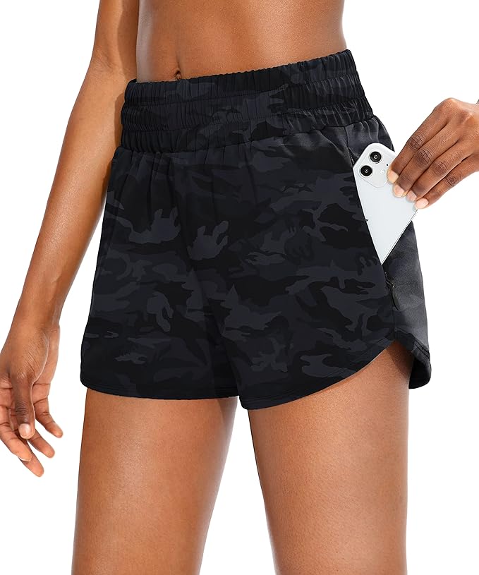 SANTINY Women's Running Shorts with Zip Pockets High Waisted Athletic Workout Gym Shorts for Women with Liner