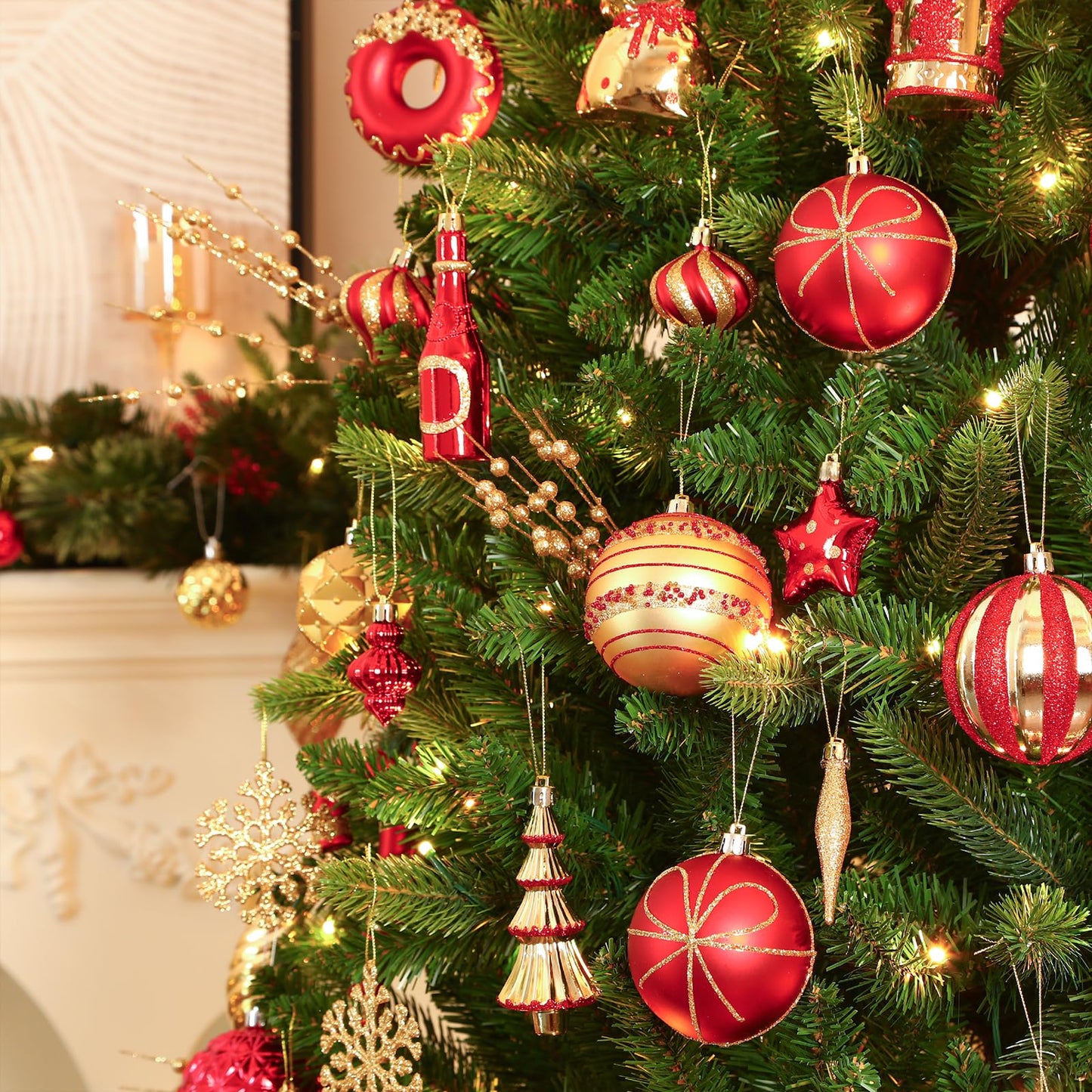 SHareconn 70pcs 2025 Classic Christmas Balls Ornaments Set, Shatterproof Plastic Baubles, Ribbon and Tree Topper for Xmas Tree Holiday Wedding Party Decorations with Hanging Strings, Red and Gold