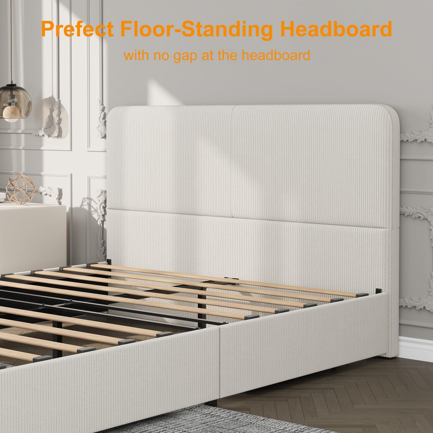 GarveeHome Modern Upholstered Platform Bed Frame with Headboard and Storage Drawers – Strong Wood Slats, Noise-Free, No Box Spring Needed, Easy Assembly – Full Size, Corduroy Neutral-White Tone