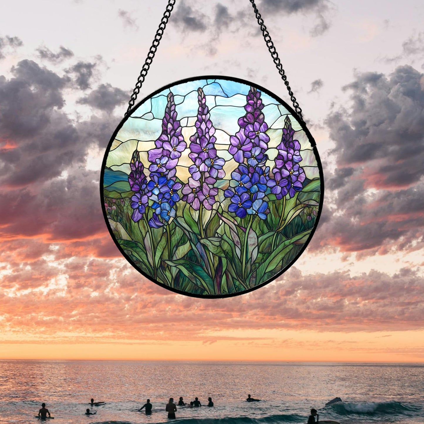 CRISGIF Stained Glass Window Hanging - Purple Delphinium Birth Flower Suncatcher for Door Garden Patio Sun Catchers Decor Christmas Mother's Day Birthday Gifts for Women Mom Nana Friend 11.8 in