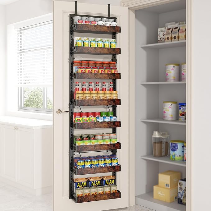 BUKFEN 8-Tier Over the Door Pantry Organizer, 2-in-1 Door Hanging or Wall Mounted Spice Rack, Heavy Duty Metal Storage Shelves with Adjustable Wooden Baskets for Kitchen Bathroom Closet
