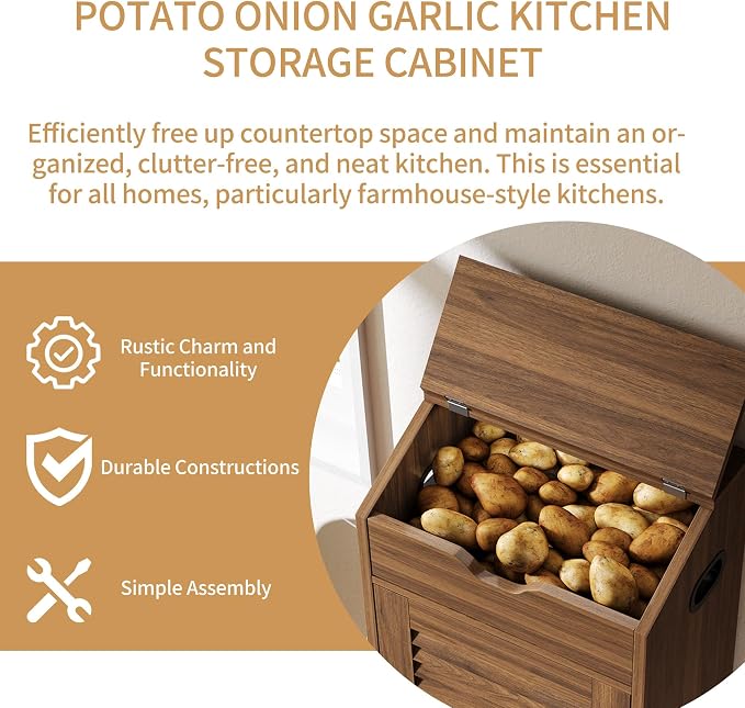 AwayHome 4 Tier Large Potato Storage Bin, Wood Bread Box with Lid and Wheels, Movable Potato and Onion Storage Bin,Decorative Fruit and Vegetable Organization Cabinet for Kitchen,Pantry