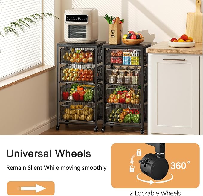 4-Tier Fruit Vegetable Storage Cart - Kitchen Organizer and Storage Cart with Wheels, Wooden Top Metal Wire Fruit Vegetable Rack Stand with Drawers to Storage Cans Snacks for Kitchen(Patent Pending)