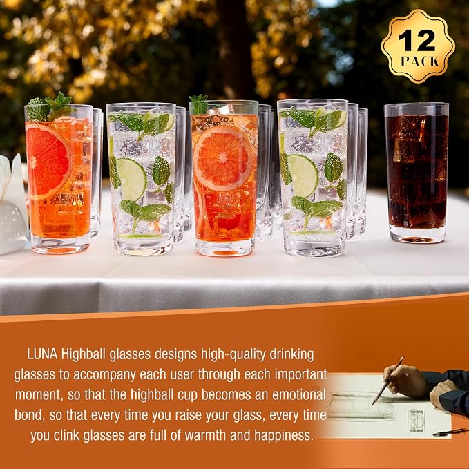 LUNA & MANTHA Drinking Water Glasses Set, Lead-Free Crystal Highball Glass, Tall Glass Cups for Cocktail Parties,Clear set of 12,16oz
