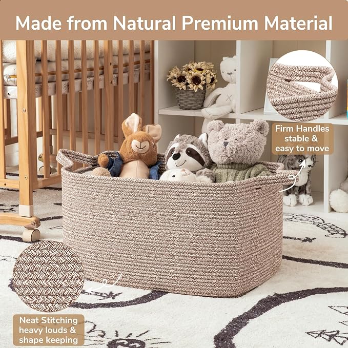 Goodpick Large Woven Storage Basket, 21.6" x 14.9" x 11.8" Blanket Basket for Living Room, Bedroom, Rectangle Rope Storage Organizer for Clothes, Toys, Brown