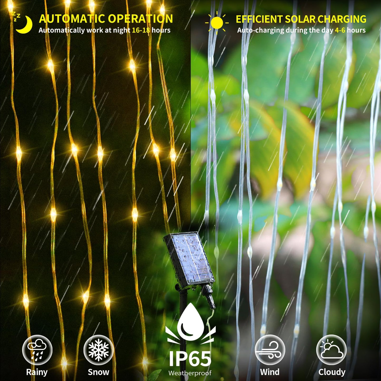 Solar Curtain Lights Outdoor Waterproof 10 * 10Ft 300LED Waterfall Light with 8 Modes Remote Rechargeable Dimmable Hanging Twinkle Fairy String Lights for Outside Christmas Gazebo Party Wedding