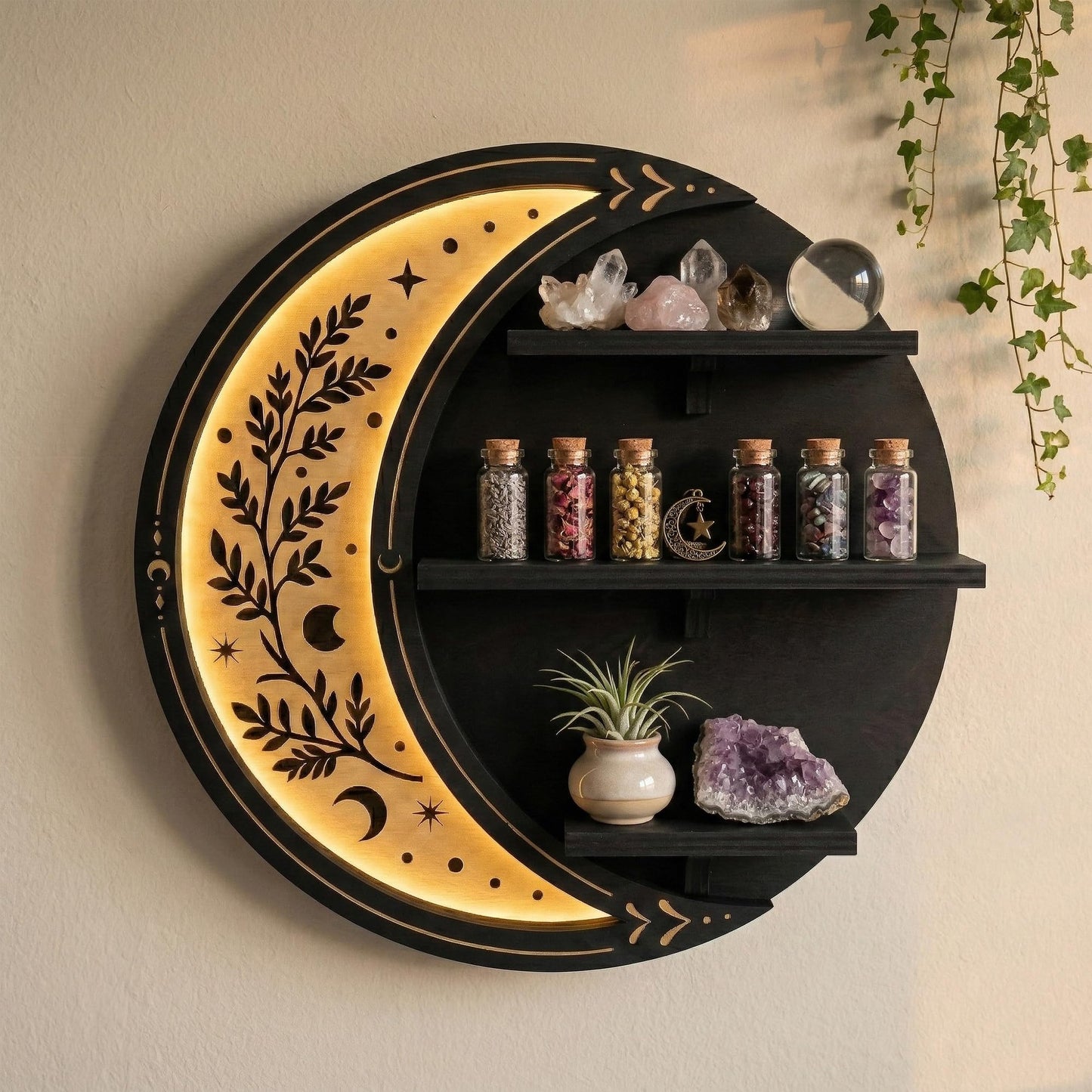 FNYDOX Wall Shelves for Bedroom, Crescent Moon Shelf with LED Light, Witchy Whimsical Celestial Room Decor Aesthetic, Wooden Floating Shelf for Trinket Knick Knack Crystal Rock Gem Essential Oils