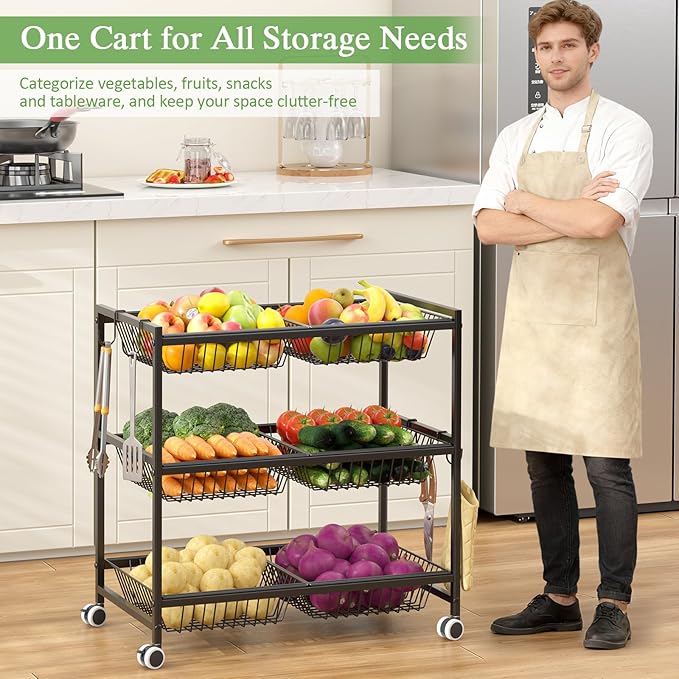 3-Tier Rolling Pantry Floor Organizer Cart with 6 Detachable Baskets, Metal Wire Fruit Basket Stand with Wheels, Kitchen Storage Cart for Fruit Vegetables, Snack Cart for Pantry Kitchen Living Room