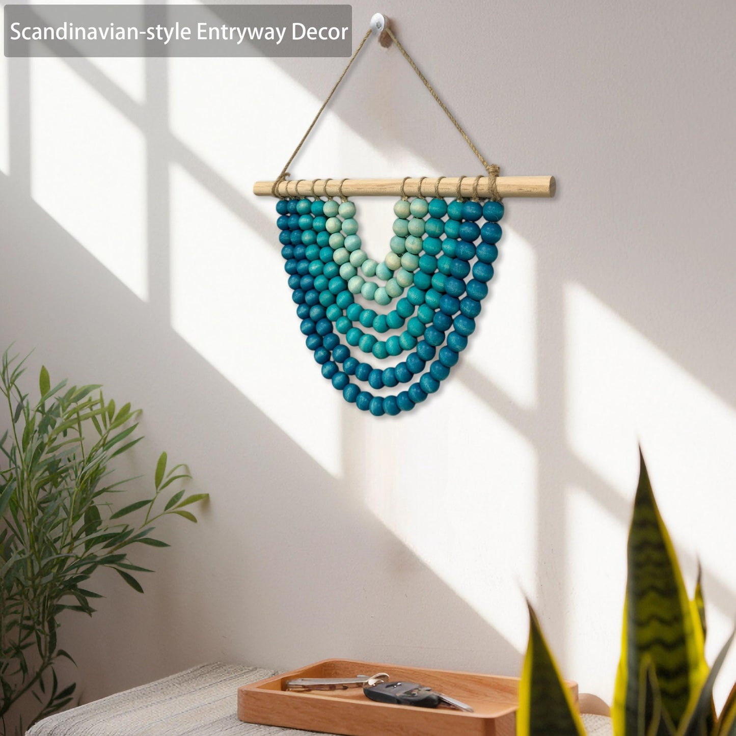 Fenisam Boho Chic Wooden Bead Garland Wall Hanging Tapestry, Natural-Inspired Home Decor for Living Room, Bedroom, Entryway, Nursery, Apartment & Dorm (Coastal Breeze Gradient, 12 Inches)