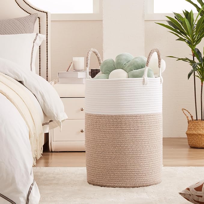 80L Extra Large Laundry Hamper Basket Tall Woven Rope Clothes Hamper Blanket Basket for Living Room Bathroom Bedroom Brown 16"L x 16"W x 22"H