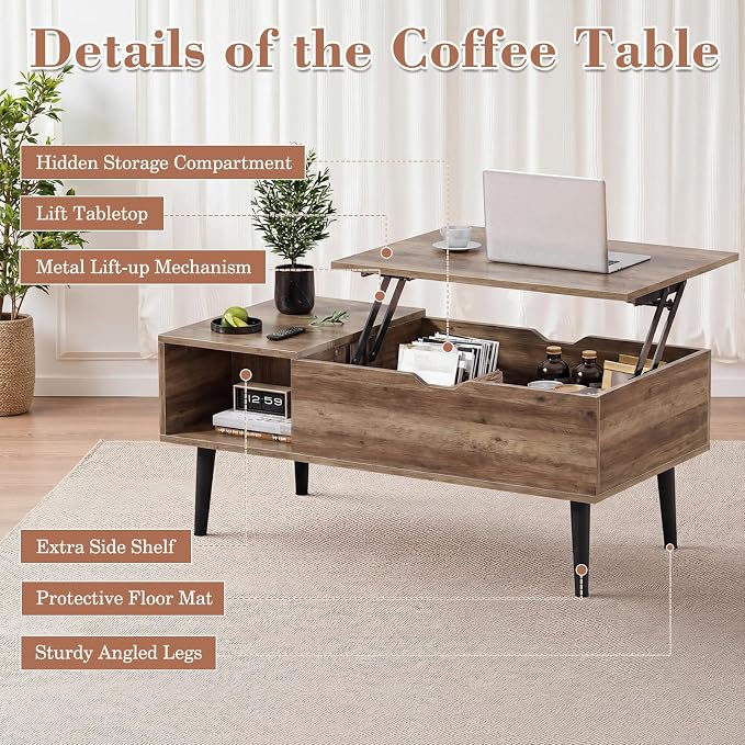 OLIXIS Wooden Coffee Table, Lift Top Coffee Stand with Large Hidden Compartment and Ample Storage Shelf, Lift Tabletop Dining Table for Living Room, Home Small Space, Grey