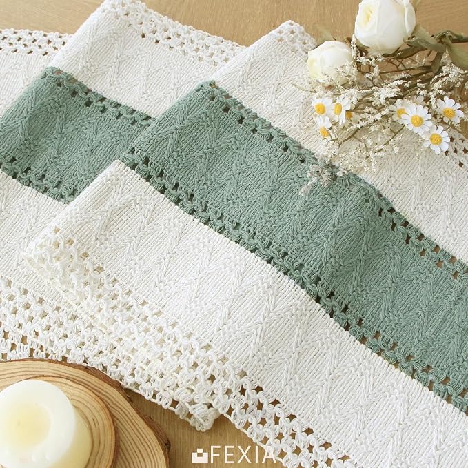 FEXIA Sage Green Table Runner 48 Inches Long with Tassels Boho for Summer Home Decor Rustic Macrame Farmhouse Table Cover for Wedding Party Bohemian Bridal Shower Dining Decorations(12x48 Inches)
