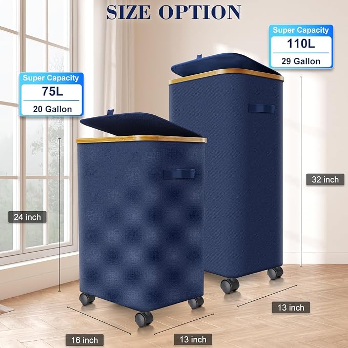 Laundry Hamper with Wheels and Lid,Foldable Rolling Laundry Basket Dirty Clothes Hamper,Oxford Fabric Storage Organizer for Bedroom, Dorm, Laundry Room (Blue, 110 L)