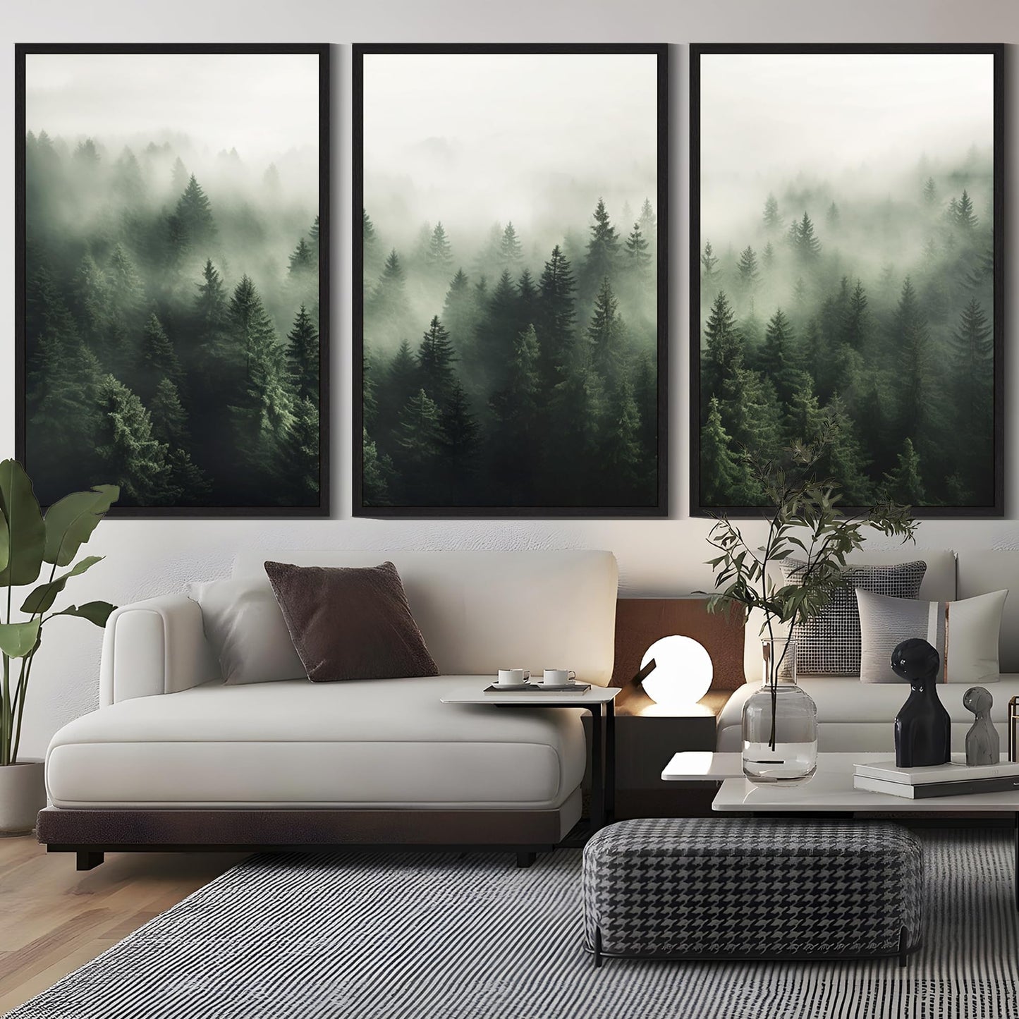SHENIFY Green Fog Pine Tree Forest Canvas Wall Art Large 24x36in Framed Modern Artwork Prints Decor - Black Framed