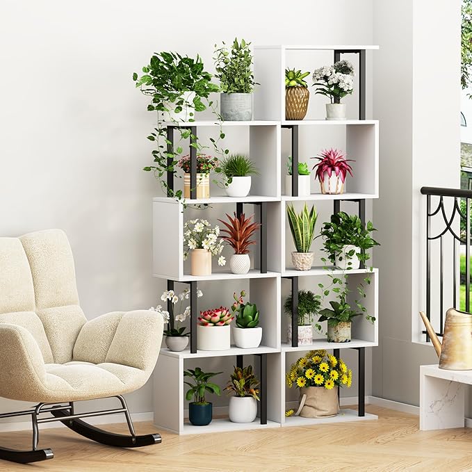 Gadroad 5-Tier Bookshelf, Narrow S-Shaped Geometric Bookcase, Wood Decorative Storage Shelving, Modern Freestanding Display Shelves, Book Shelf Unit for Living Room Bedroom Home Office, White
