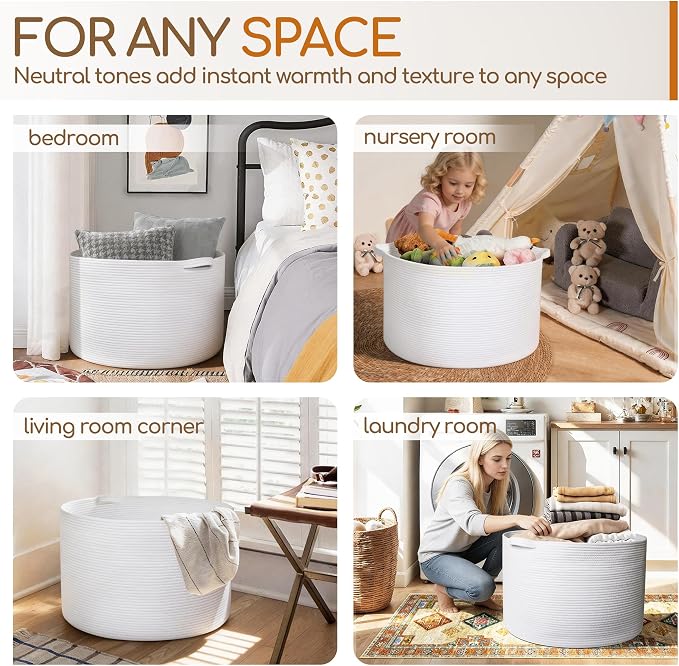 MEGASKET White Cotton Rope Storage Basket, 22" X 22" X 14" Extra Large Blanket Storage Living Room, XL Soft Toy Bin for Organizing, Woven Baby Laundry Basket with Handle, White Wicker Hamper Nursery