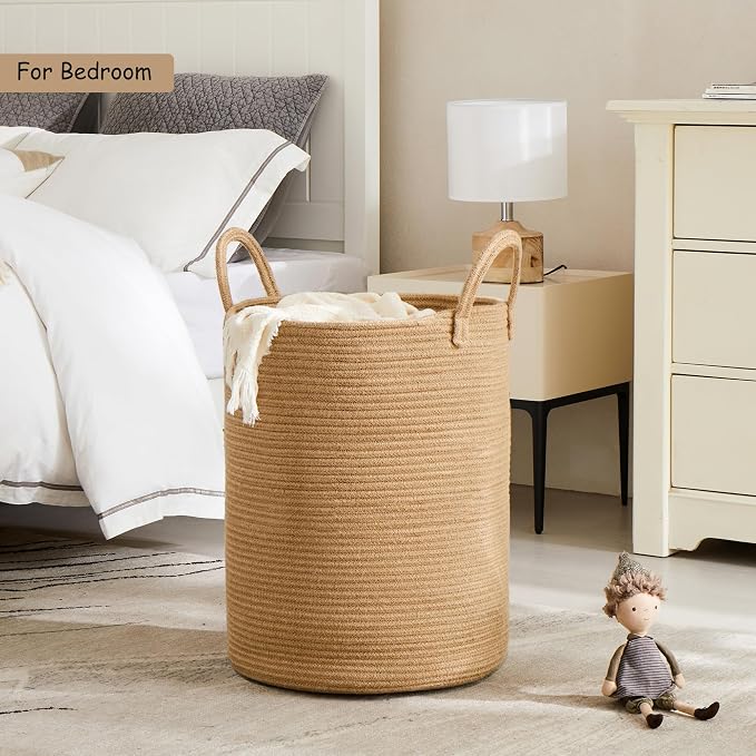 60L Jute Woven Laundry Hamper Basket Wicker Rope Clothes Hamper Tall Rattan Blanket Basket in Living Room Bedroom 15Dx20H Inches Large