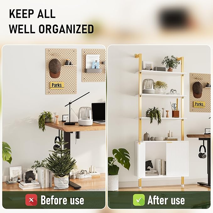 INNOD 74" Tall Bookshelf with Storage Cabinet, Modern Ladder Shelf with Wood and Metal Frame, Wall Mount Bookcase Open Display Shelf Furniture for Living Room, Bedroom, Home Office, Gold
