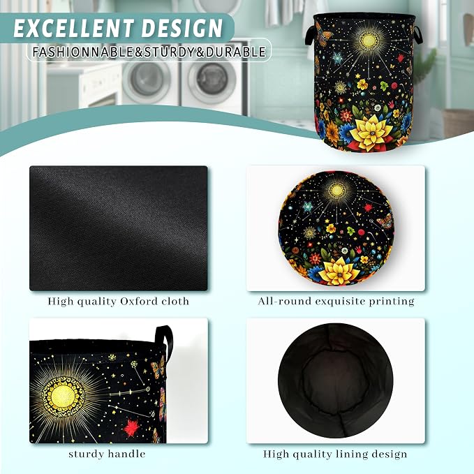 Colorful Flowers Butterfly Laundry Basket Moon Floral Laundry Hamper Foldable Oxford Cloth Beautiful Flower Tote Bag Clothes Toy Storage Bucket For Bathroom/Laundry Storage/Bedroom 18.9 x 16.5 Inch