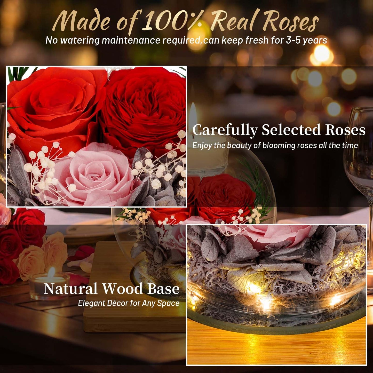 ENERLEAF Preserved Red Real Rose in Glass with Scented Candles – Forever Flower Romantic Anniversary Christmas Birthday Valentines for Mom, Women, Wife, Girlfriend, Her, Grandma