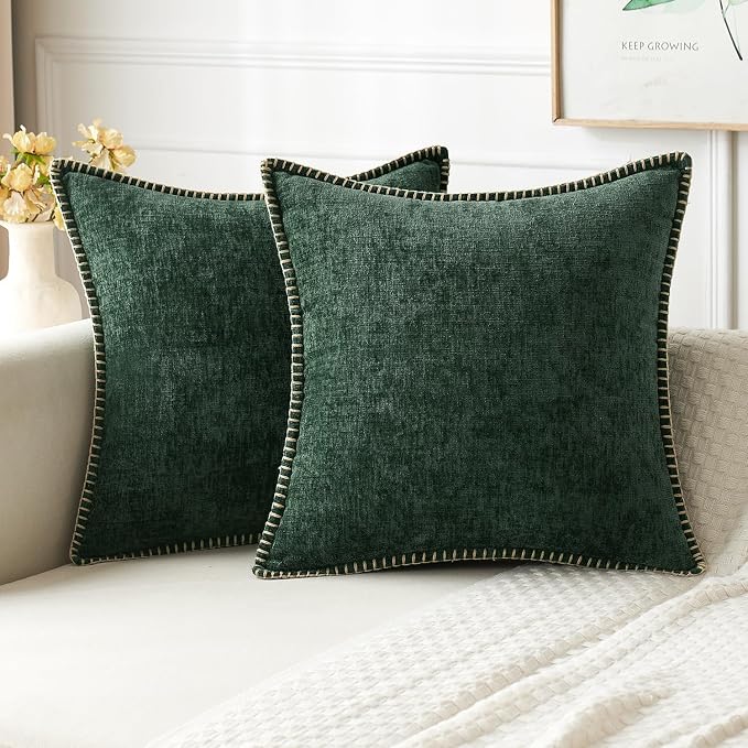 MIULEE Pack of 2 Pillow Covers 18x18 Inch Dark Green Farmhouse Decorative Throw Pillow Covers with Stitched Edge Soft Chenille Solid Dyed Couch Pillow Covers for Sofa Bed Living Room
