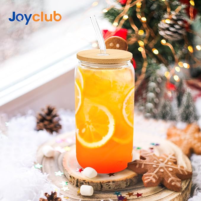 Joyclub 12 Set Glass Cups with Bamboo Lids and Glass Straws 16oz Can Shaped Reusable Clear Iced Coffee Glasses Bulk Set Drinking Jars wholesale for Party Weddings Cafes Boba Shops Gifts DIY