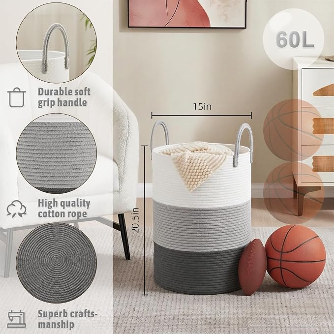 Artfeel Laundry Basket,Woven Cotton Rope Laundry Hamper,60L for Decorative Storage of Dirty Clothes,Toys and Blankets in Bathroom,Bedroom and Living Room
