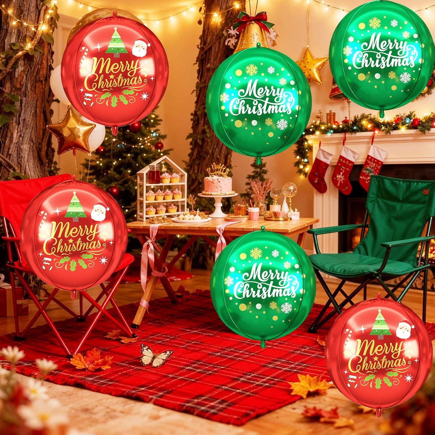 Xmas Foil Balloons Red Green Merry Christmas Printed, 6 Pcs Xmas Round Balloons, 22 Inch Big Round Foil Balloon For Christmas Party Decorations