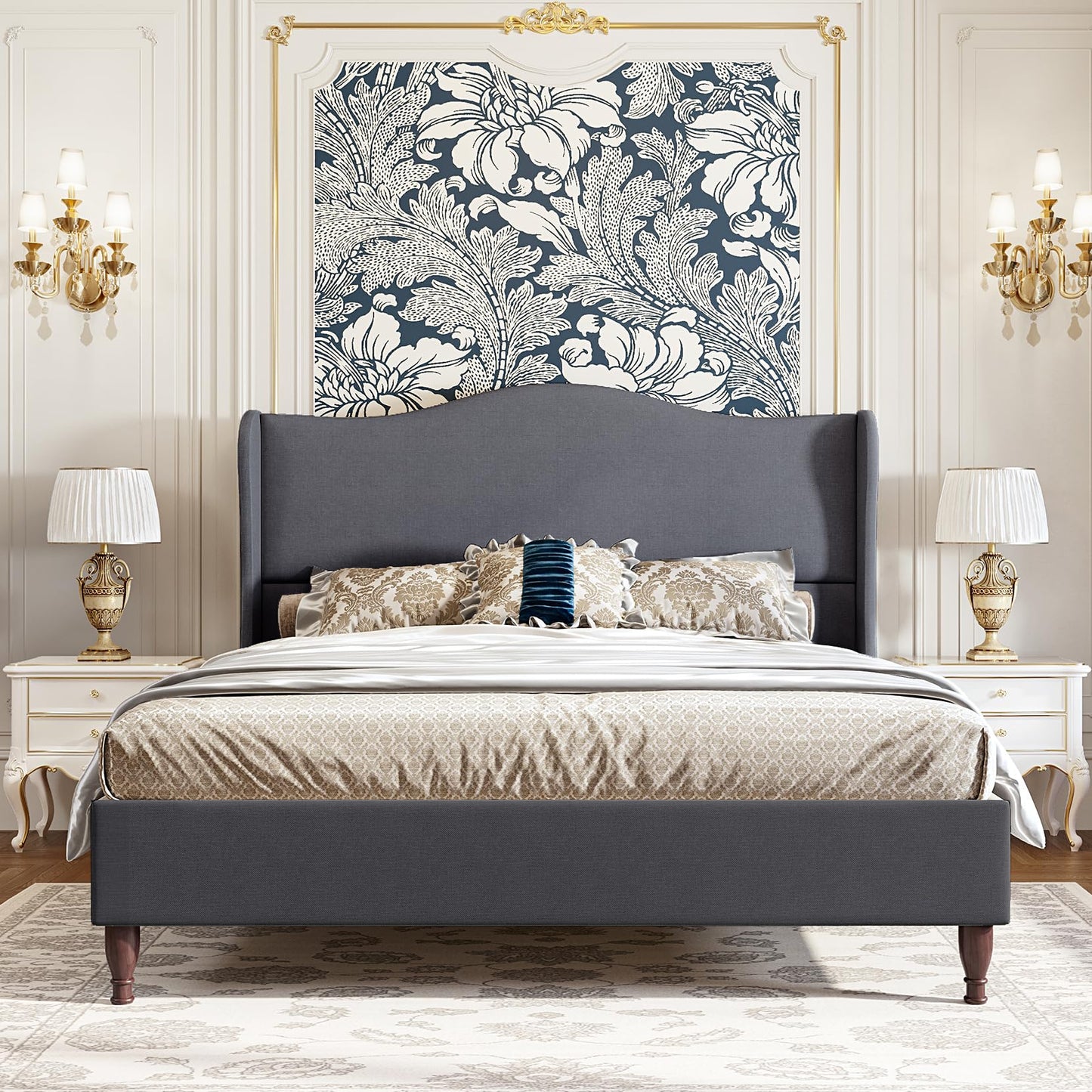 koorlian Queen Bed Frame Upholstered Platform Bed with 51" Tall Headboard Wingback, Soft Fabric, Retro Simple Style No Box Spring Needed, Easy Assembly, Grey